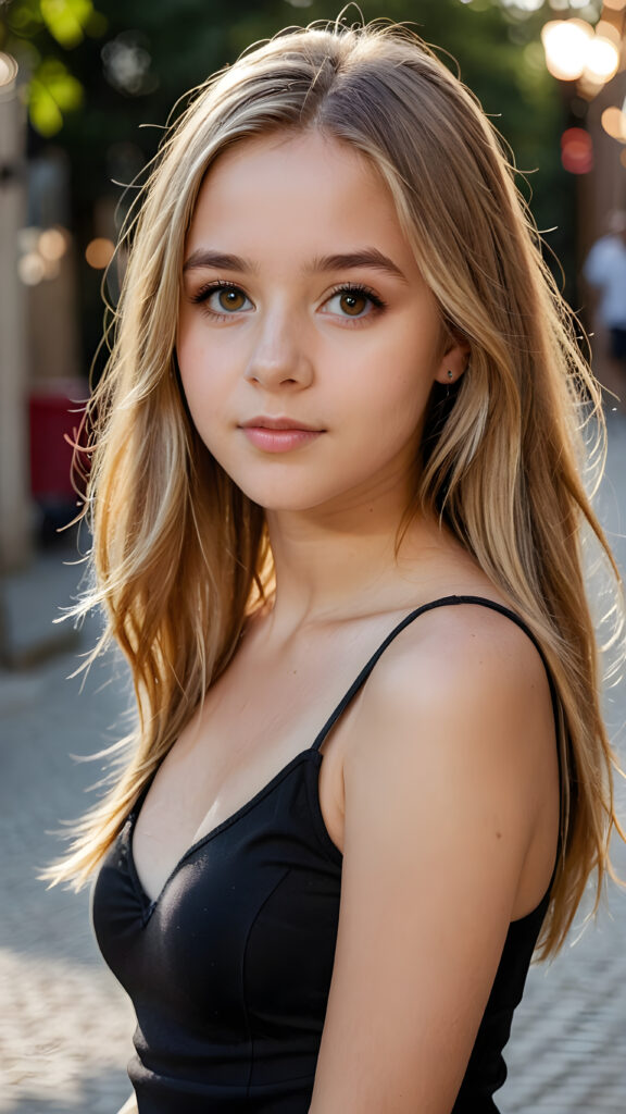 a sophisticated (((intimately posing young teen girl))) with flowing, extremely long straight blond hair, beautiful big (hazelnut eyes), dangerously short elegant black tank top