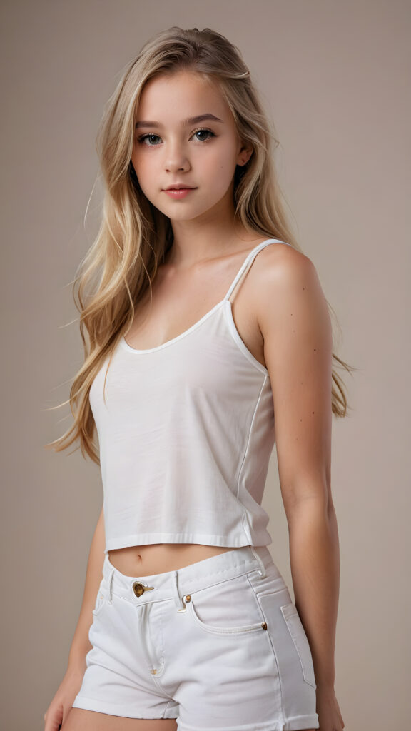 a sophisticated (((intimately posing young teen girl))) with flowing, extremely long straight blond hair, beautiful big (hazelnut eyes), full lips, ((empty backdrop, full body)), white short crop tank top, short pants