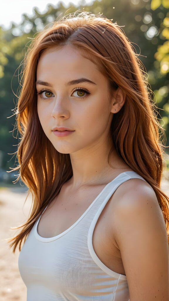 a sophisticated (((intimately posing young teen girl with perfect fit body))) with flowing, soft long straight red hair, beautiful big (amber eyes), super short white crop sport tank top, ((natural sunny backdrop))