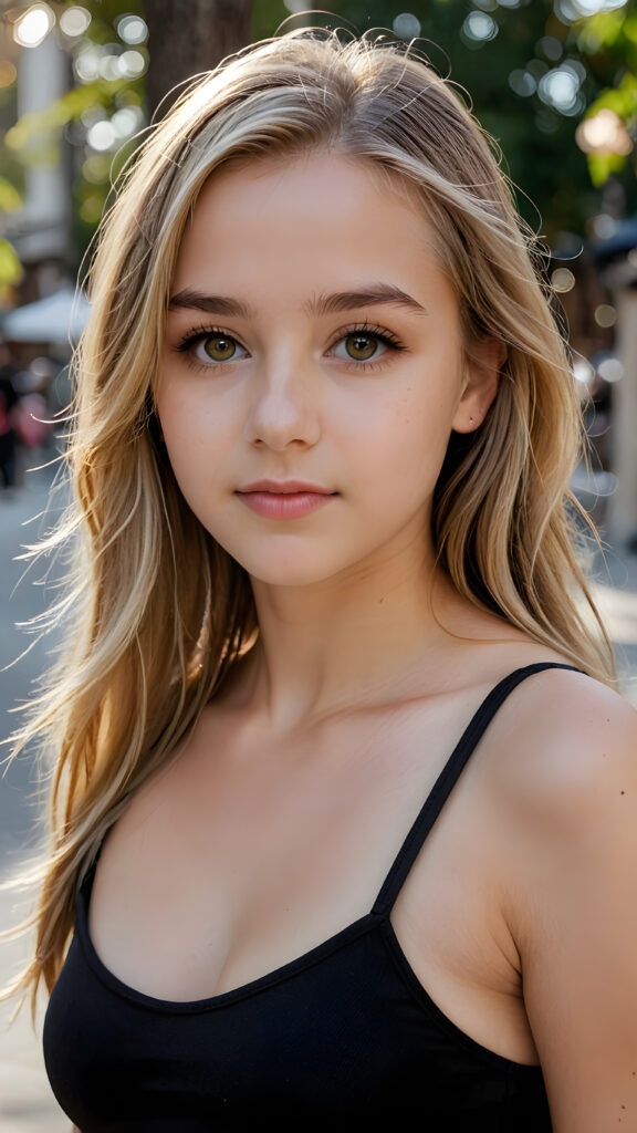 a sophisticated (((intimately posing young teen girl))) with flowing, extremely long straight blond hair, beautiful big (hazelnut eyes), dangerously short elegant black tank top