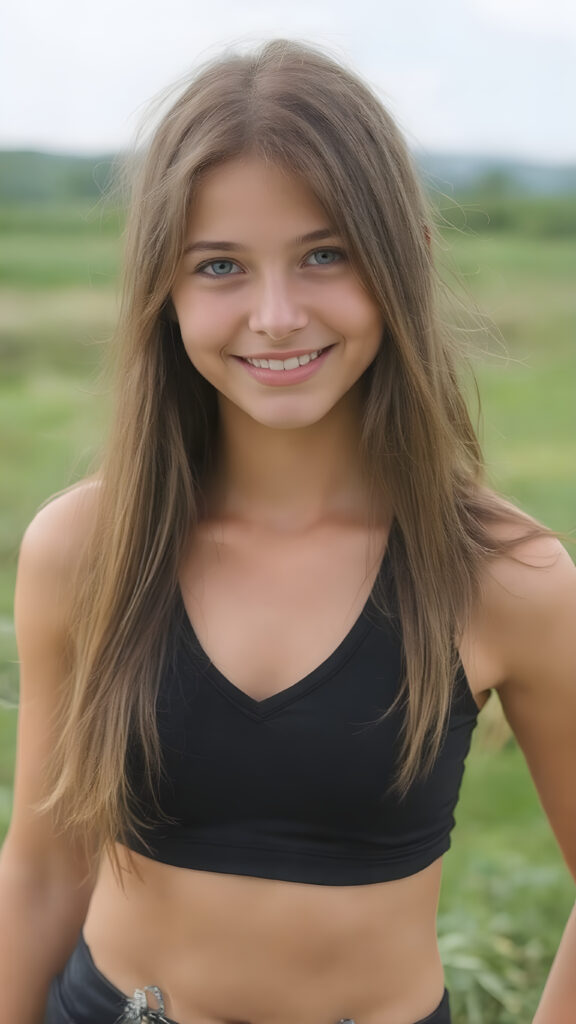 a young girl (((straight, luxurious copper hair))), with intricate details and hyper realistic color shading, capturing the essence of a (professional studio photo) for a stunningly realistic portrait of a teen girl. Her figure is flawlessly proportioned, with perfectly straight hair and (extremely soft, smooth skin) that exudes an almost ethereal glow. She is dressed in a sleek, tight V-neck black sport tank top, that accentuate her toned, natural body, her smile radiates joy and confidence, full eyes. The backdrop is a serene natural setting that complements her youthful beauty