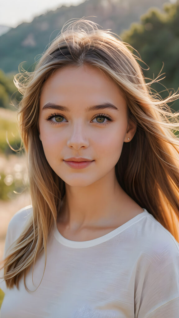 a stunning and gorgeous young girl with soft, long straight jet gold hair, captured in a perfect portrait style. She wears a simple white t-shirt that contrasts beautifully with her radiant features. The background is a dreamy, blurred landscape bathed in soft pastel colors, reminiscent of an impressionist painting. The lighting is warm and ethereal, highlighting her expressive eyes and gentle smile, evoking a sense of serenity and grace.