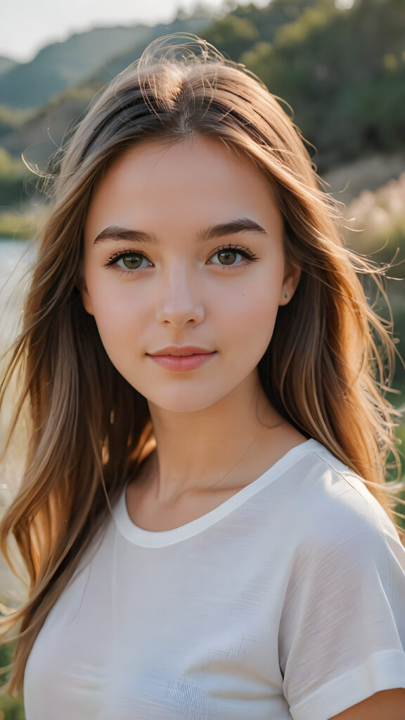 a stunning and gorgeous young girl with soft, long straight jet gold hair, captured in a perfect portrait style. She wears a simple white t-shirt that contrasts beautifully with her radiant features. The background is a dreamy, blurred landscape bathed in soft pastel colors, reminiscent of an impressionist painting. The lighting is warm and ethereal, highlighting her expressive eyes and gentle smile, evoking a sense of serenity and grace.