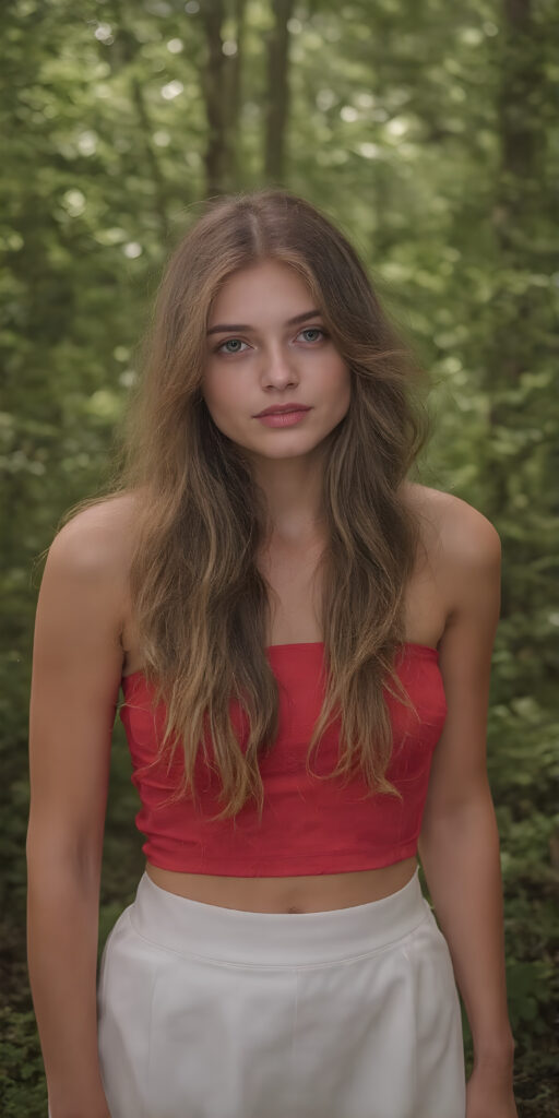 a stunning and gorgeous teen girl (wearing a strapless fitted red top and white skirt) in the green forest, she has wavy long hair