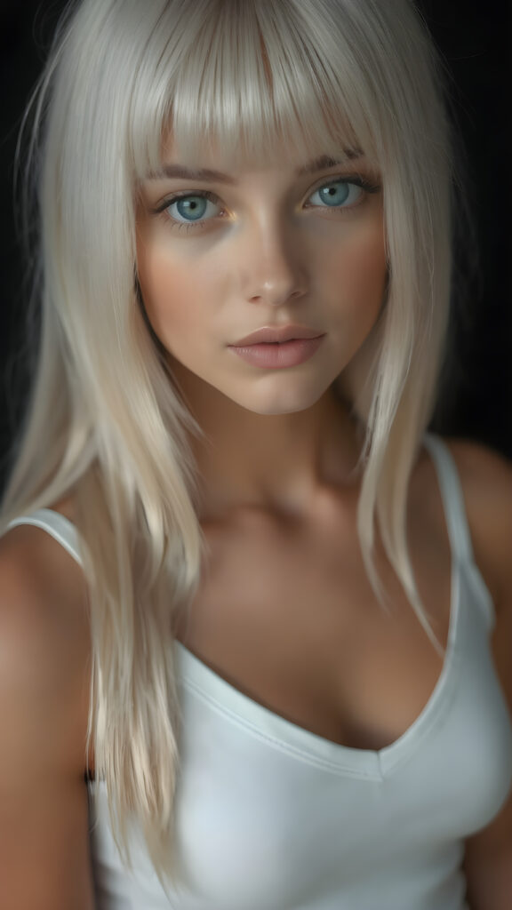 a stunning and gorgeous girl, with straight soft long white hair, bangs, with naturally soft and slightly tanned skin, her lips are full and devoid of pigmentation, she has light blue eyes and a round angelic face. she is wearing a tight short thin v-neck white tank top. The background is black. She exudes stunning beauty, in a fashion sense, photo-realistic, 4k, high quality and detailed details in her features and surroundings. full body view ((upper body inclusive, 1:3)), showcasing her beautiful and natural looking skin and perfectly straight hair, in a classic portrait position, with a warm and soft light effect