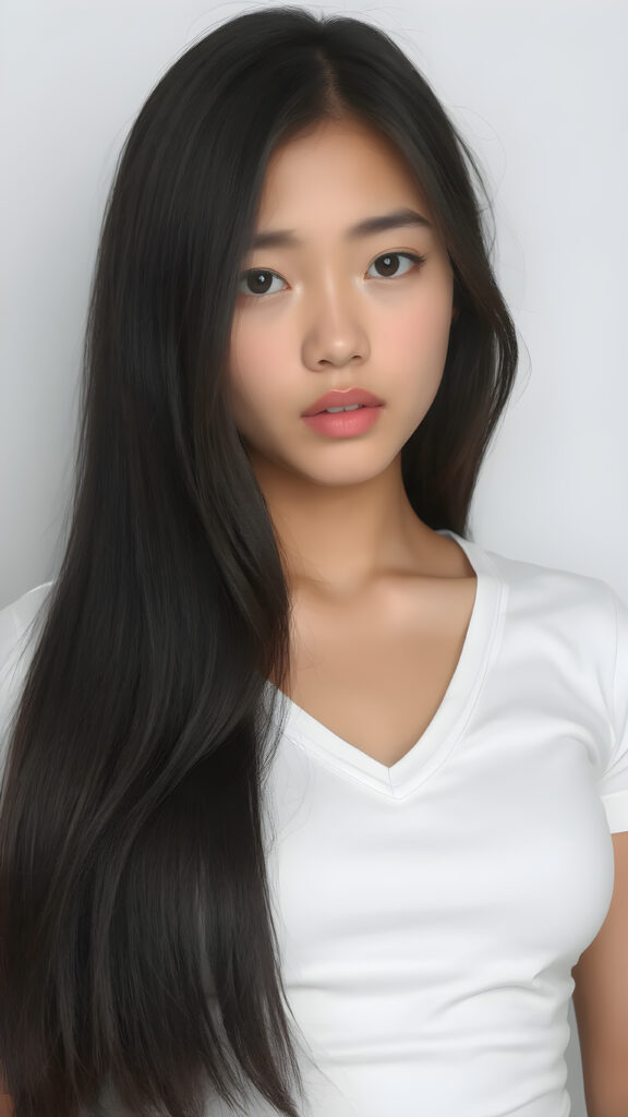 a stunning and gorgeous teen girl, ((she is merged between Exotic and Asian)) with straight soft long obsidian black hair, with naturally soft and slightly tanned skin, her lips are full and devoid of pigmentation, wearing a tight short thin v-neck white t-shirt. The background is a simple grey and white (plain and sleek) one for a perfect, classic and modern look. She exudes stunning beauty, in a fashion sense, photo-realistic, 4k, high quality and detailed details in her features and surroundings, showcasing her beautiful and natural looking skin and perfectly straight hair, in a classic portrait position, with a warm and soft light effect, ((close up portrait))