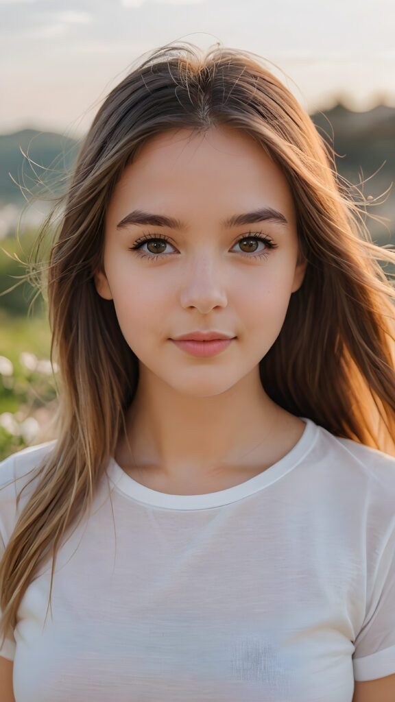 a stunning and gorgeous young girl with soft, long straight jet gold hair, captured in a perfect portrait style. She wears a simple white t-shirt that contrasts beautifully with her radiant features. The background is a dreamy, blurred landscape bathed in soft pastel colors, reminiscent of an impressionist painting. The lighting is warm and ethereal, highlighting her expressive eyes and gentle smile, evoking a sense of serenity and grace.