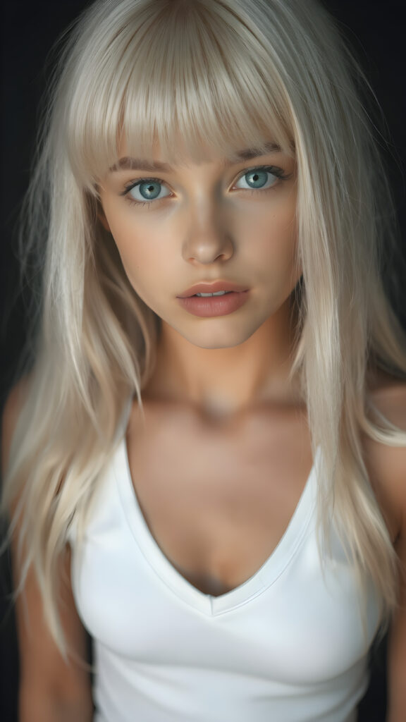 a stunning and gorgeous girl, with straight soft long white hair, bangs, with naturally soft and slightly tanned skin, her lips are full and devoid of pigmentation, she has light blue eyes and a round angelic face. she is wearing a tight short thin v-neck white tank top. The background is black. She exudes stunning beauty, in a fashion sense, photo-realistic, 4k, high quality and detailed details in her features and surroundings. full body view ((upper body inclusive, 1:3)), showcasing her beautiful and natural looking skin and perfectly straight hair, in a classic portrait position, with a warm and soft light effect