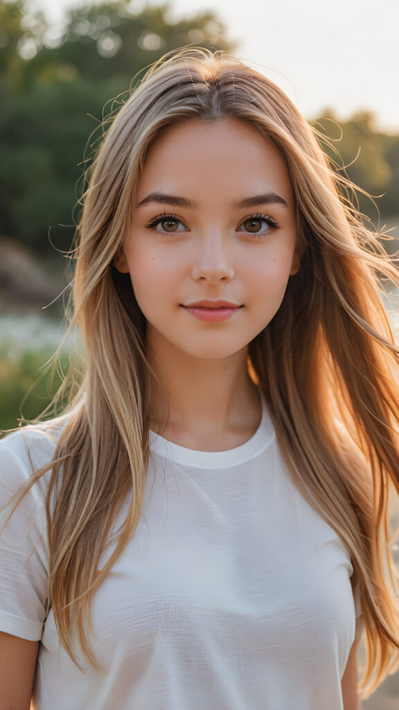 a stunning and gorgeous young girl with soft, long straight jet gold hair, captured in a perfect portrait style. She wears a simple white t-shirt that contrasts beautifully with her radiant features. The background is a dreamy, blurred landscape bathed in soft pastel colors, reminiscent of an impressionist painting. The lighting is warm and ethereal, highlighting her expressive eyes and gentle smile, evoking a sense of serenity and grace.