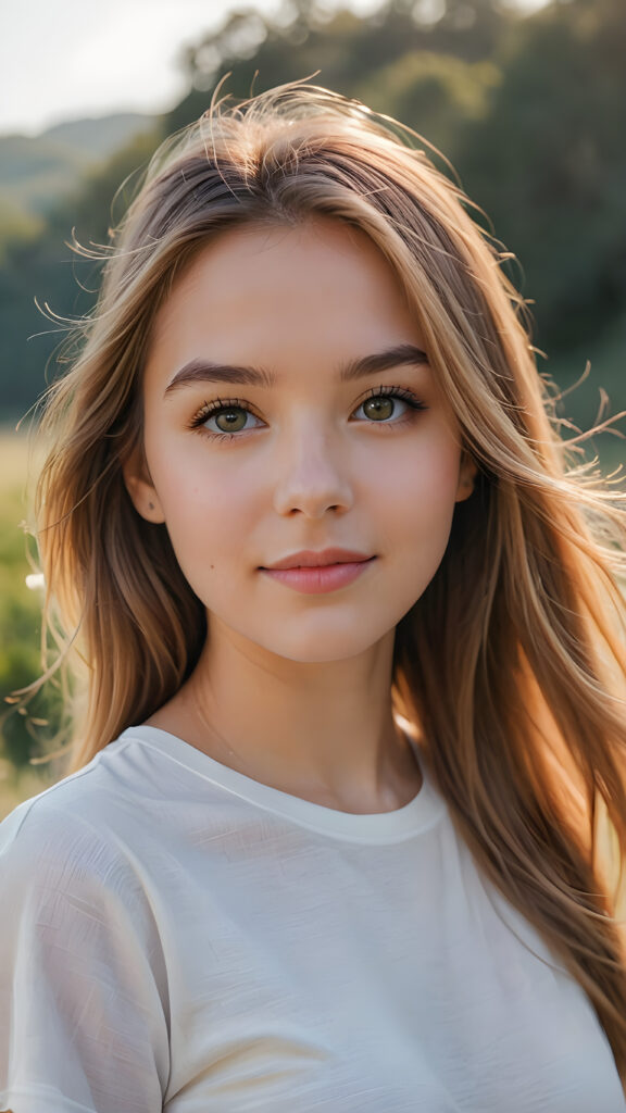 a stunning and gorgeous young girl with soft, long straight jet gold hair, captured in a perfect portrait style. She wears a simple white t-shirt that contrasts beautifully with her radiant features. The background is a dreamy, blurred landscape bathed in soft pastel colors, reminiscent of an impressionist painting. The lighting is warm and ethereal, highlighting her expressive eyes and gentle smile, evoking a sense of serenity and grace.