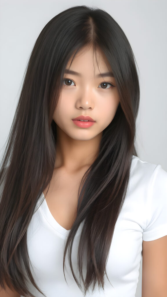 a stunning and gorgeous teen girl, ((she is merged between Exotic and Asian)) with straight soft long obsidian black hair, with naturally soft and slightly tanned skin, her lips are full and devoid of pigmentation, wearing a tight short thin v-neck white t-shirt. The background is a simple grey and white (plain and sleek) one for a perfect, classic and modern look. She exudes stunning beauty, in a fashion sense, photo-realistic, 4k, high quality and detailed details in her features and surroundings, showcasing her beautiful and natural looking skin and perfectly straight hair, in a classic portrait position, with a warm and soft light effect, ((close up portrait))