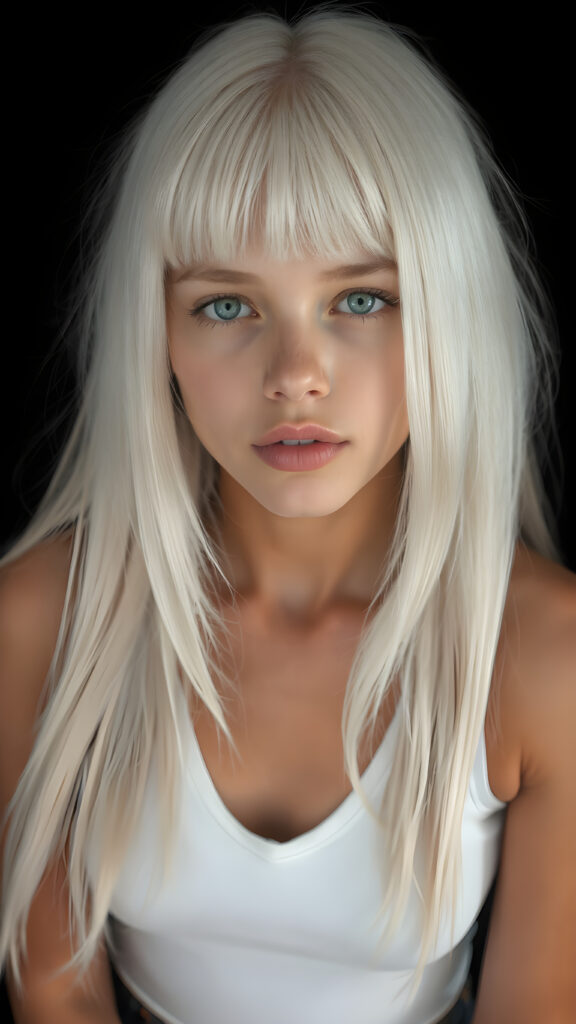 a stunning and gorgeous girl, with straight soft long white hair, bangs, with naturally soft and slightly tanned skin, her lips are full and devoid of pigmentation, she has light blue eyes and a round angelic face. she is wearing a tight short thin v-neck white tank top. The background is black. She exudes stunning beauty, in a fashion sense, photo-realistic, 4k, high quality and detailed details in her features and surroundings. full body view ((upper body inclusive, 1:3)), showcasing her beautiful and natural looking skin and perfectly straight hair, in a classic portrait position, with a warm and soft light effect