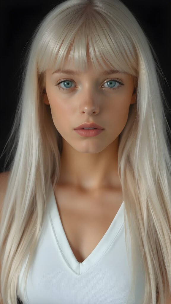 a stunning and gorgeous girl, with straight soft long white hair, bangs, with naturally soft and slightly tanned skin, her lips are full and devoid of pigmentation, she has light blue eyes and a round angelic face. she is wearing a tight short thin v-neck white tank top. The background is black. She exudes stunning beauty, in a fashion sense, photo-realistic, 4k, high quality and detailed details in her features and surroundings. full body view ((upper body inclusive, 1:3)), showcasing her beautiful and natural looking skin and perfectly straight hair, in a classic portrait position, with a warm and soft light effect