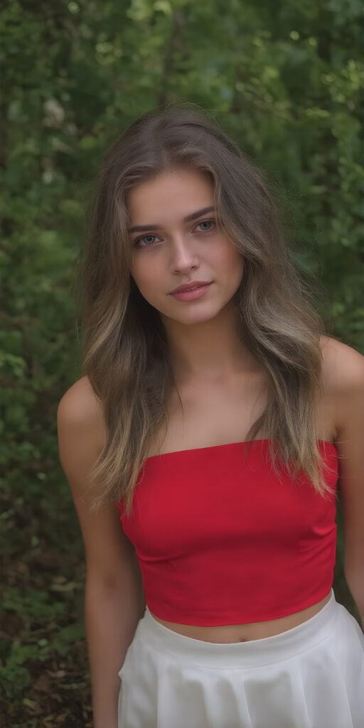 a stunning and gorgeous teen girl (wearing a strapless fitted red top and white skirt) in the green forest, she has wavy long hair