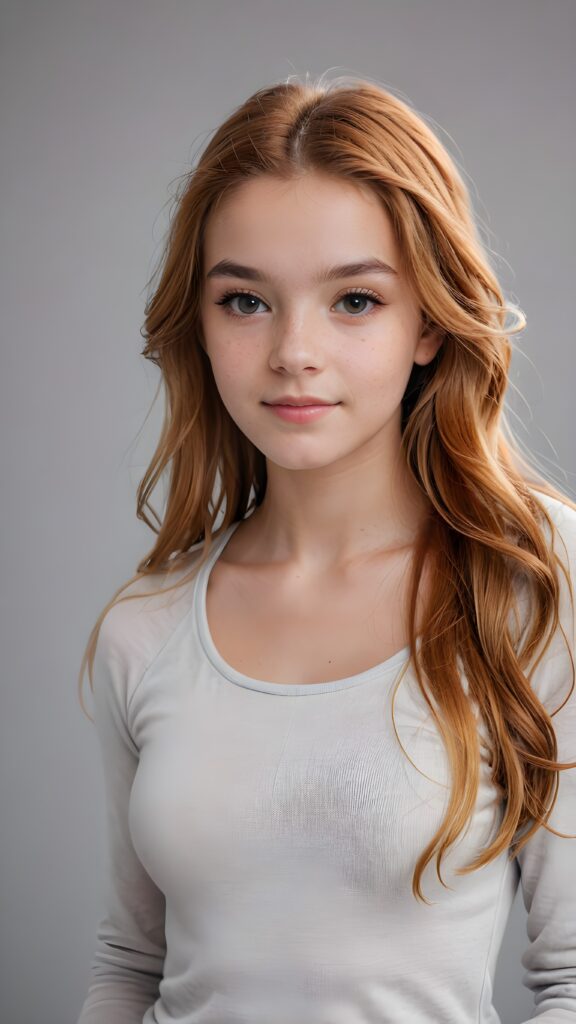 a stunning photo from (((a cute teen girl))), with luxurious, amber hair and a sleek, muscular figure, lightly dressed in white, ((grey background))