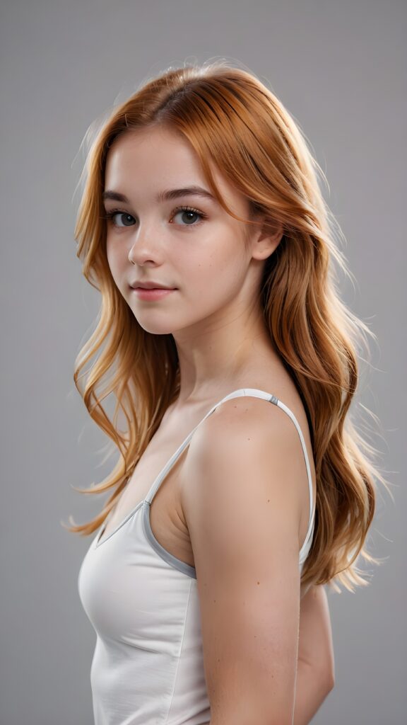 a stunning photo from (((a cute teen girl))), with luxurious, amber hair and a sleek, muscular figure, lightly dressed in white, ((grey background))