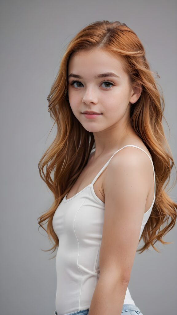 a stunning photo from (((a cute teen girl))), with luxurious, amber hair and a sleek, muscular figure, lightly dressed in white, ((grey background))