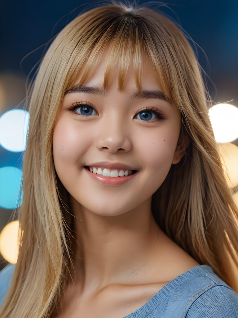 a stunning portrait (((ultra realistic professional photograph))) excellently capturing an amiable, 15 years old Asian girl, blond long straight hair, bangs cut, full lips, blue eyes, smile, side view