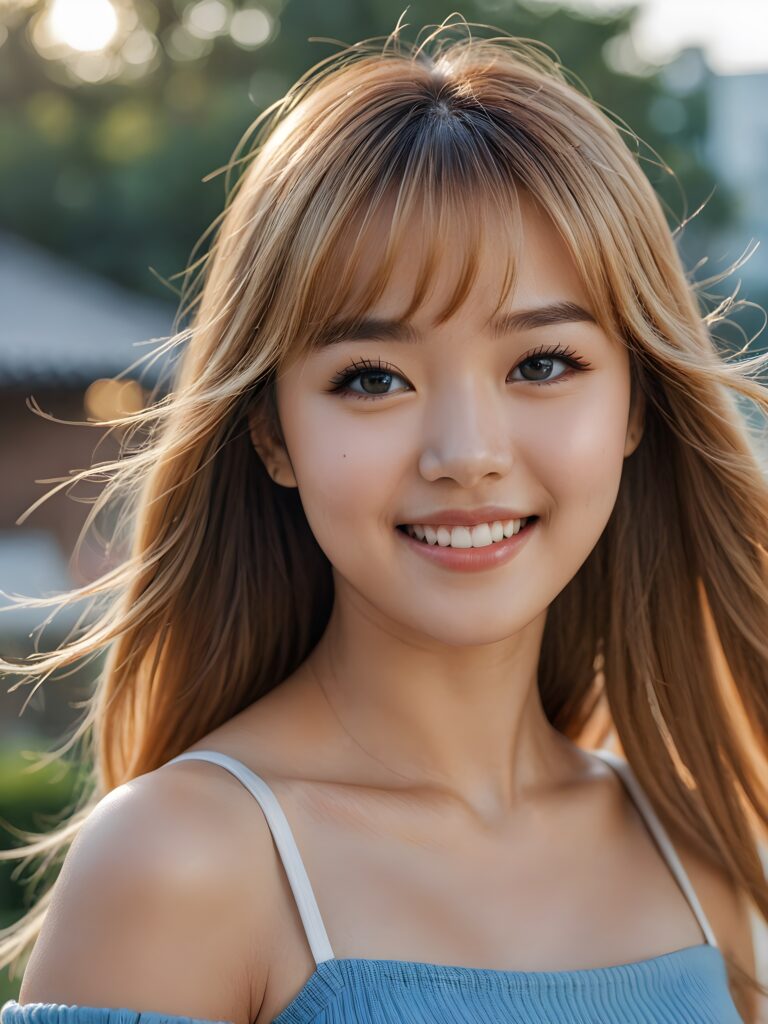 a stunning portrait (((ultra realistic professional photograph))) ((cute)) ((gorgeous)) excellently capturing an amiable, young Korean girl, crop top, blond long straight hair, bangs cut, full lips, blue eyes, smile, side view