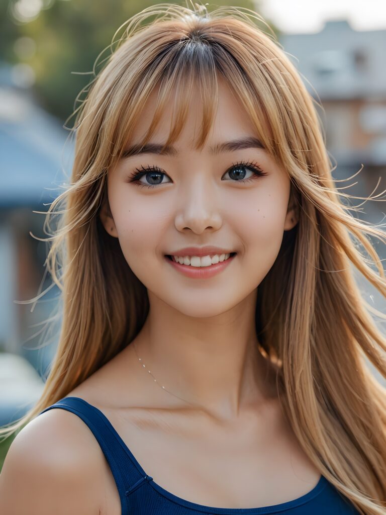 a stunning portrait (((ultra realistic professional photograph))) ((cute)) ((gorgeous)) excellently capturing an amiable, young Korean girl, crop top, blond long straight hair, bangs cut, full lips, blue eyes, smile, side view