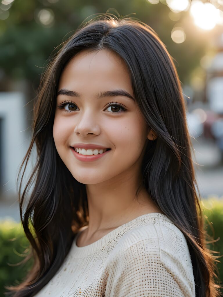 a stunning portrait (((ultra realistic professional photograph))) excellently capturing an amiable, 15 years old girl, black long straight hair, full lips, smile, side view