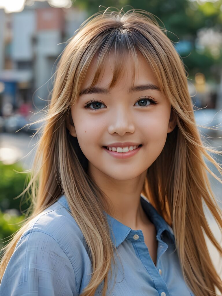 a stunning portrait (((ultra realistic professional photograph))) excellently capturing an amiable, 15 years old Asian girl, blond long straight hair, bangs cut, full lips, blue eyes, smile, side view