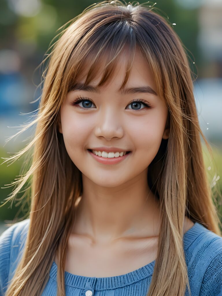 a stunning portrait (((ultra realistic professional photograph))) excellently capturing an amiable, 15 years old Asian girl, blond long straight hair, bangs cut, full lips, blue eyes, smile, side view