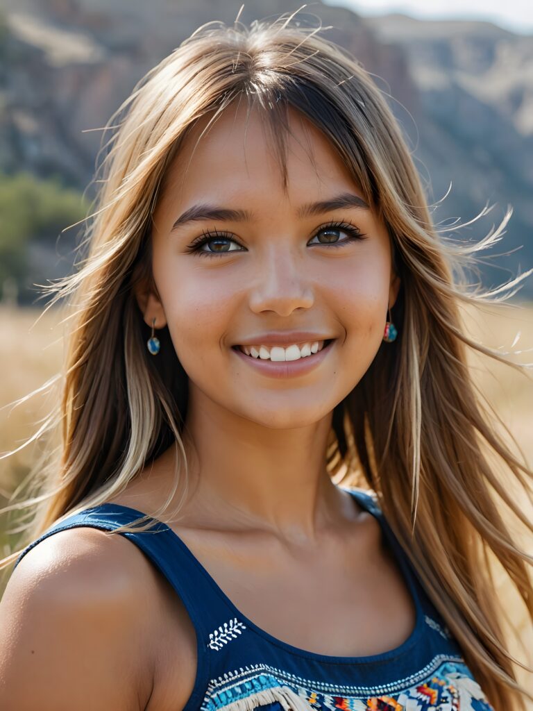 a stunning portrait (((ultra realistic professional photograph))) ((cute)) ((gorgeous)) excellently capturing an amiable, young (native american style) girl, crop top, blond long straight hair, bangs cut, full lips, blue eyes, smile, side view