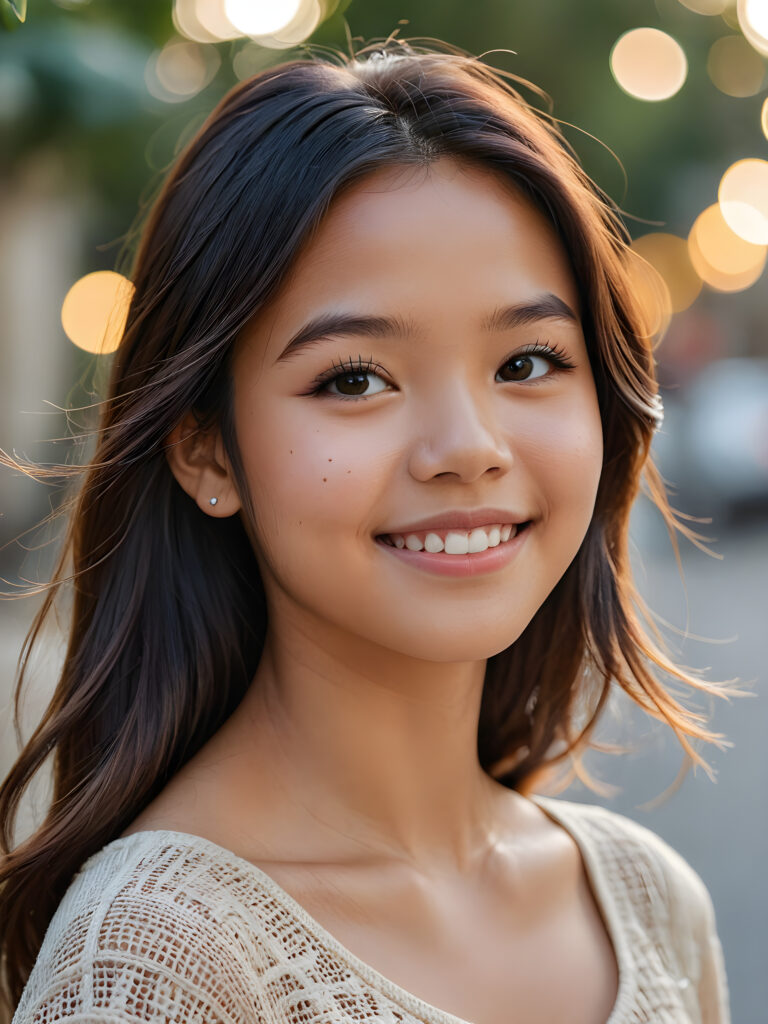 a stunning portrait (((ultra realistic professional photograph))) ((cute)) ((gorgeous)) excellently capturing an amiable, young Filipino teen girl, straight hair, round face, full lips, smile, side view