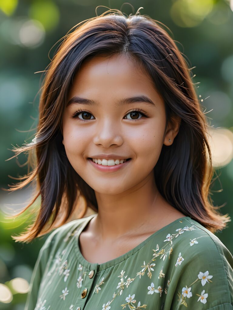 a stunning portrait (((ultra realistic professional photograph))) ((cute)) ((gorgeous)) excellently capturing an amiable, young Burmese teen girl, straight hair, round face, full lips, smile, side view