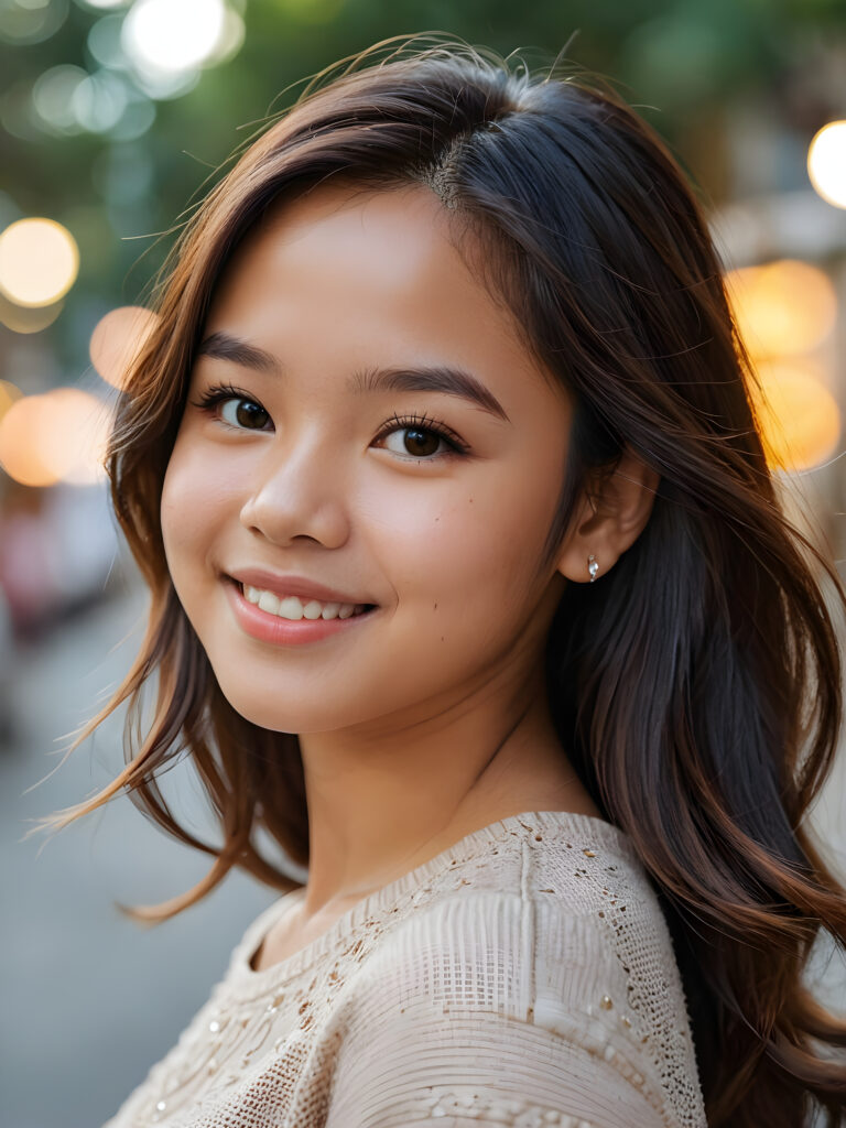 a stunning portrait (((ultra realistic professional photograph))) ((cute)) ((gorgeous)) excellently capturing an amiable, young Filipino teen girl, straight hair, round face, full lips, smile, side view