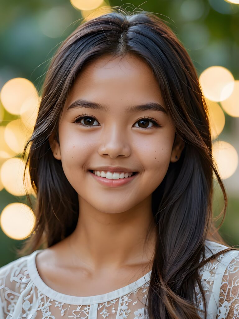 a stunning portrait (((ultra realistic professional photograph))) ((cute)) ((gorgeous)) excellently capturing an amiable, young Burmese teen girl, straight hair, round face, full lips, smile, side view