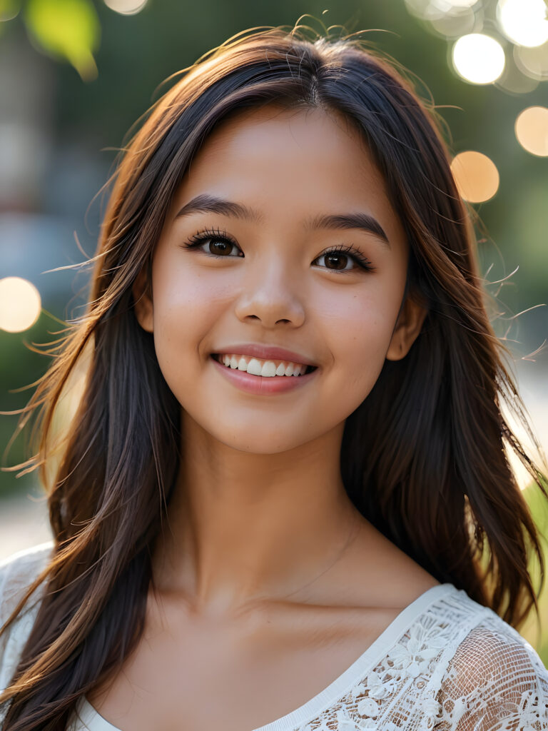 a stunning portrait (((ultra realistic professional photograph))) ((cute)) ((gorgeous)) excellently capturing an amiable, young Filipino teen girl, straight hair, round face, full lips, smile, side view