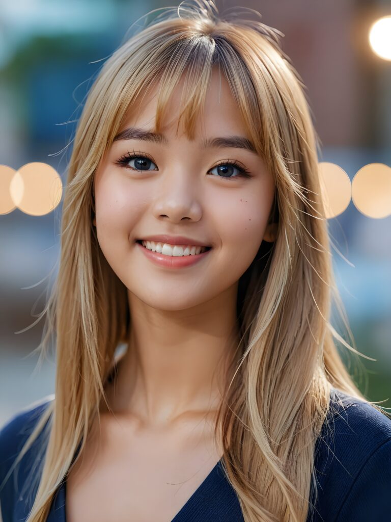 a stunning portrait (((ultra realistic professional photograph))) excellently capturing an amiable, 15 years old Asian girl, blond long straight hair, bangs cut, full lips, blue eyes, smile, side view