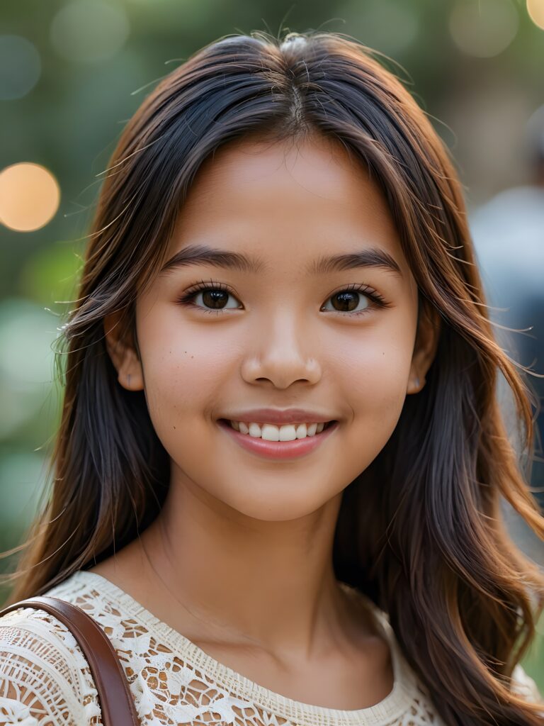 a stunning portrait (((ultra realistic professional photograph))) ((cute)) ((gorgeous)) excellently capturing an amiable, young Burmese teen girl, straight hair, round face, full lips, smile, side view