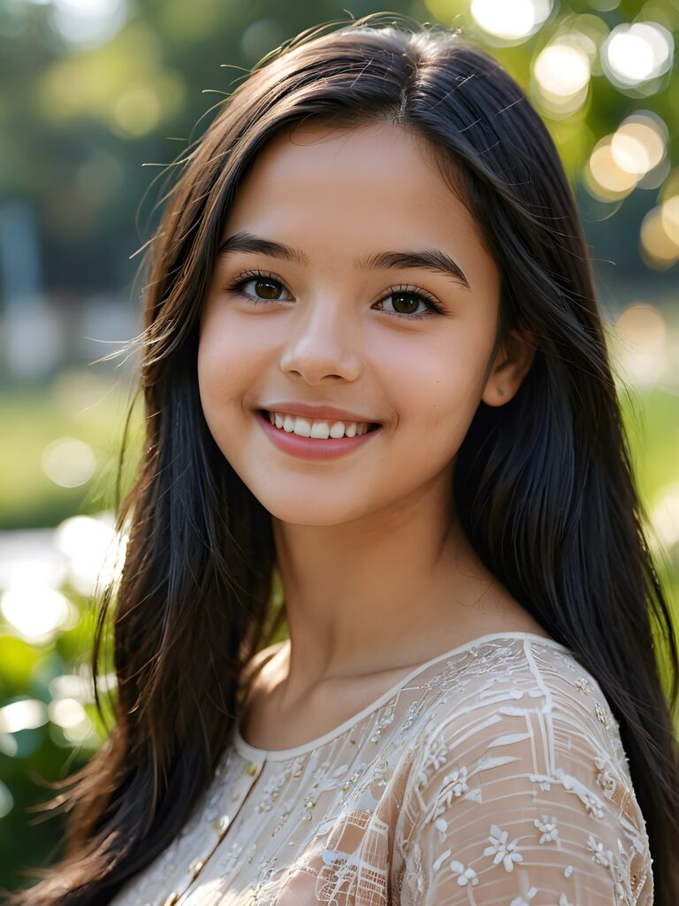 a stunning portrait (((ultra realistic professional photograph))) excellently capturing an amiable, 15 years old girl, black long straight hair, full lips, smile, side view