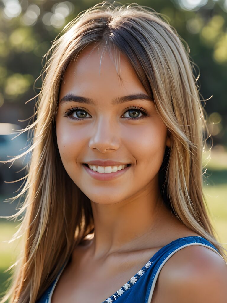 a stunning portrait (((ultra realistic professional photograph))) ((cute)) ((gorgeous)) excellently capturing an amiable, young (native american style) girl, crop top, blond long straight hair, bangs cut, full lips, blue eyes, smile, side view