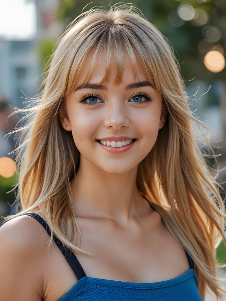 a stunning portrait (((ultra realistic professional photograph))) ((cute)) ((gorgeous)) excellently capturing an amiable, young Exotic girl, crop top, blond long straight hair, bangs cut, full lips, blue eyes, smile, side view