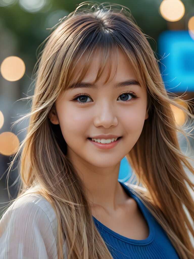 a stunning portrait (((ultra realistic professional photograph))) excellently capturing an amiable, 15 years old Asian girl, blond long straight hair, bangs cut, full lips, blue eyes, smile, side view