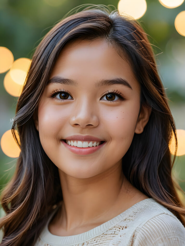 a stunning portrait (((ultra realistic professional photograph))) ((cute)) ((gorgeous)) excellently capturing an amiable, young Filipino teen girl, straight hair, round face, full lips, smile, side view