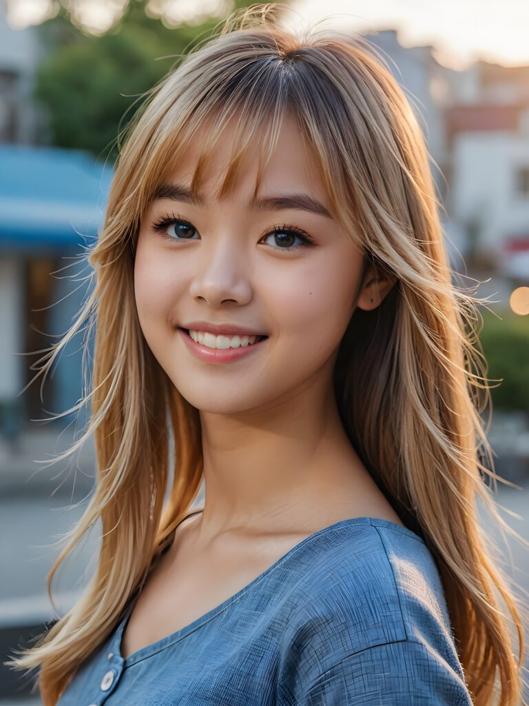 a stunning portrait (((ultra realistic professional photograph))) excellently capturing an amiable, 15 years old Asian girl, blond long straight hair, bangs cut, full lips, blue eyes, smile, side view