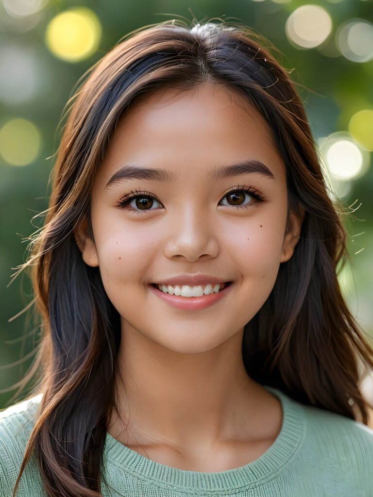 a stunning portrait (((ultra realistic professional photograph))) ((cute)) ((gorgeous)) excellently capturing an amiable, young Filipino teen girl, straight hair, round face, full lips, smile, side view