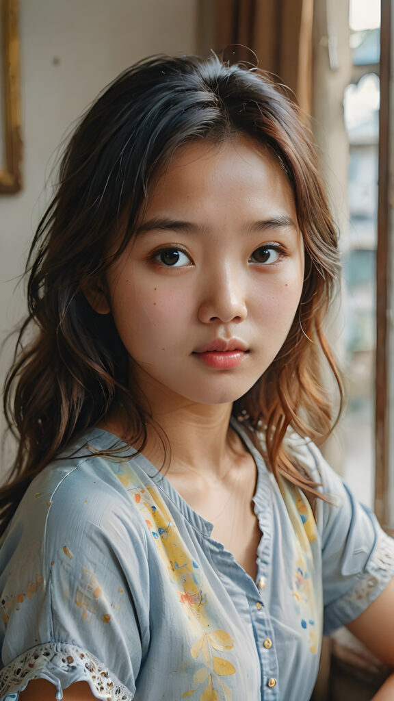 a stunning (((watercolor painting))) intricate details capturing a (((close-up portrait))), beautiful young Vietnamese girl with an (imperfect yet endearing complexion) and tousled locks, tears streaming down her face, emoting a (serious concern), framed by a (moderately cluttered room) in a softly (backlit environment)