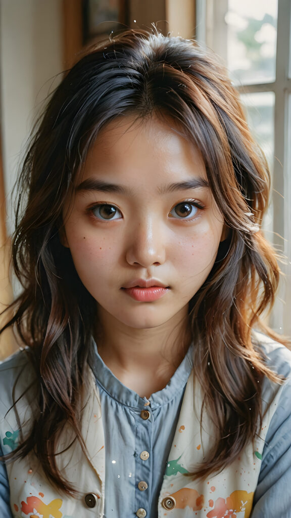 a stunning (((watercolor painting))) intricate details capturing a (((close-up portrait))), beautiful young Vietnamese girl with an (imperfect yet endearing complexion) and tousled locks, tears streaming down her face, emoting a (serious concern), framed by a (moderately cluttered room) in a softly (backlit environment)