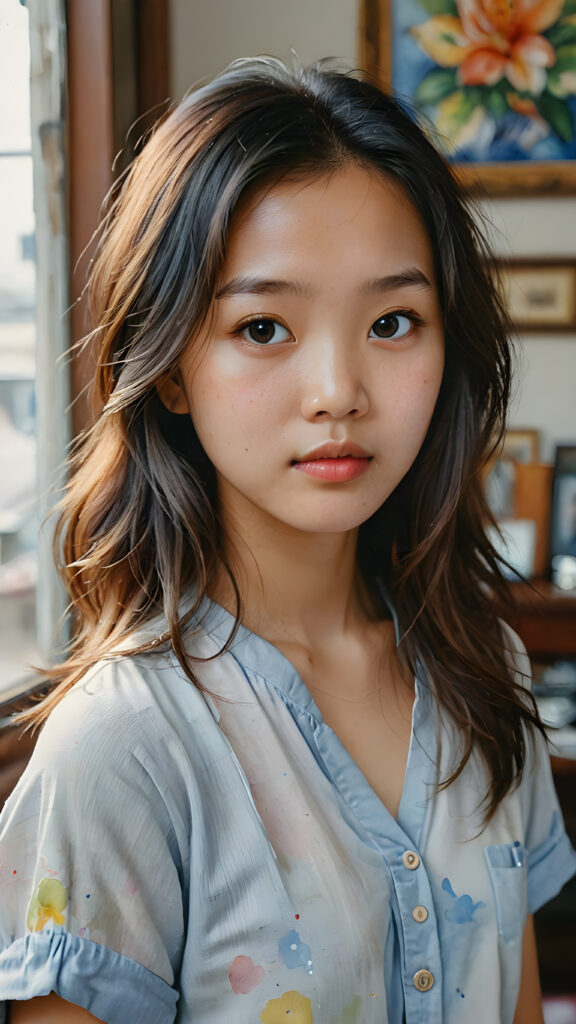 a stunning (((watercolor painting))) intricate details capturing a (((close-up portrait))), beautiful young Vietnamese girl with an (imperfect yet endearing complexion) and tousled locks, tears streaming down her face, emoting a (serious concern), framed by a (moderately cluttered room) in a softly (backlit environment)