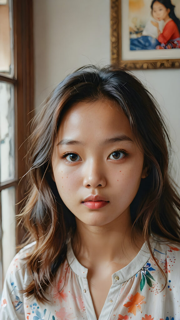 a stunning (((watercolor painting))) intricate details capturing a (((close-up portrait))), beautiful young Vietnamese girl with an (imperfect yet endearing complexion) and tousled locks, tears streaming down her face, emoting a (serious concern), framed by a (moderately cluttered room) in a softly (backlit environment)