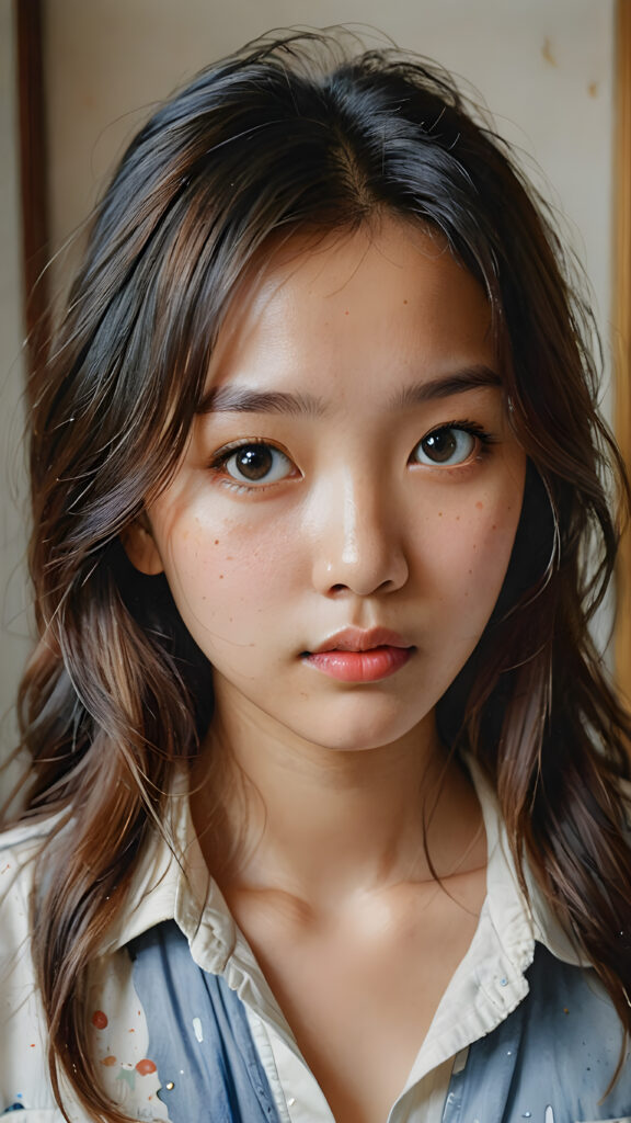 a stunning (((watercolor painting))) intricate details capturing a (((close-up portrait))), beautiful young Vietnamese girl with an (imperfect yet endearing complexion) and tousled locks, tears streaming down her face, emoting a (serious concern), framed by a (moderately cluttered room) in a softly (backlit environment)