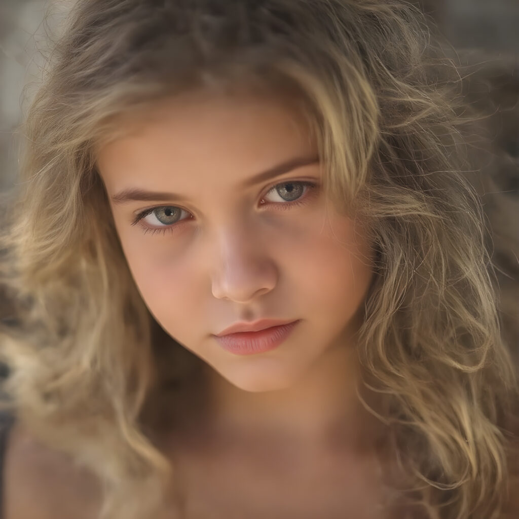 a stunning young girl, she wears a crop top, long wavy curly brown hair, captured with soft golden lighting effects