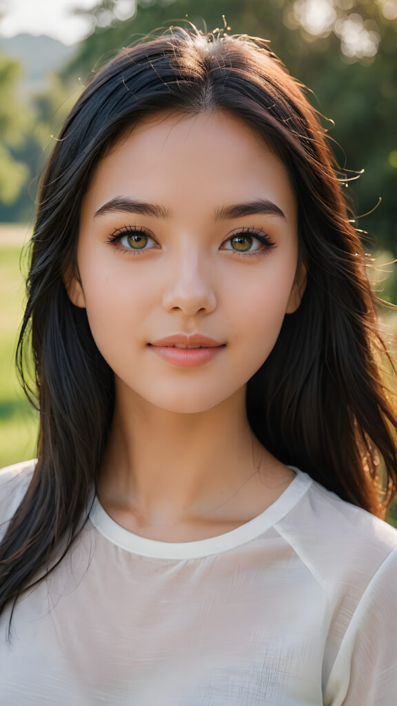 a stunning young girl with soft, long straight jet black hair, captured in a perfect portrait style. She has beautiful amber eyes, full lips and a round face. She wears a simple white t-shirt that contrasts beautifully with her radiant features. The background is a dreamy, blurred landscape bathed in soft pastel colors, reminiscent of an impressionist painting. The lighting is warm and ethereal, highlighting her expressive eyes and gentle smile, evoking a sense of serenity and grace.