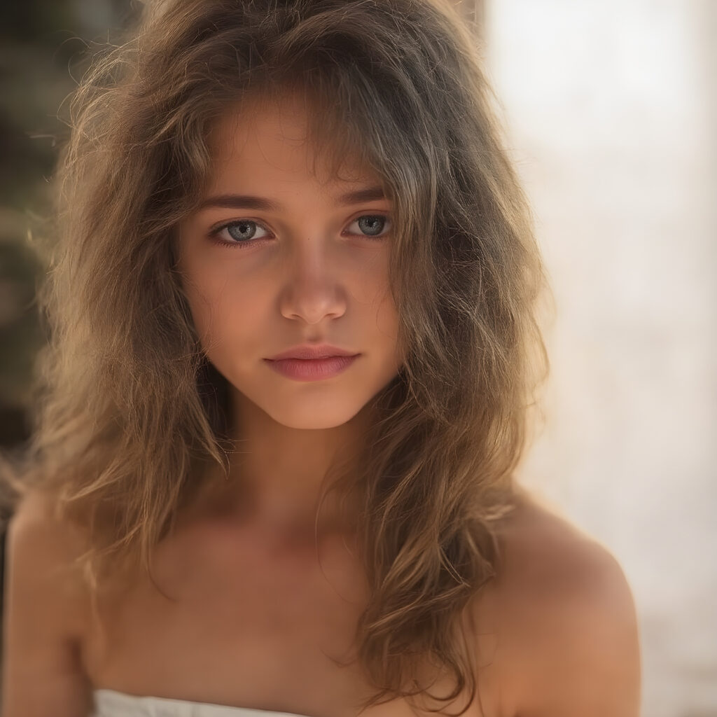 a stunning young girl, she wears a crop top, long wavy curly brown hair, captured with soft golden lighting effects